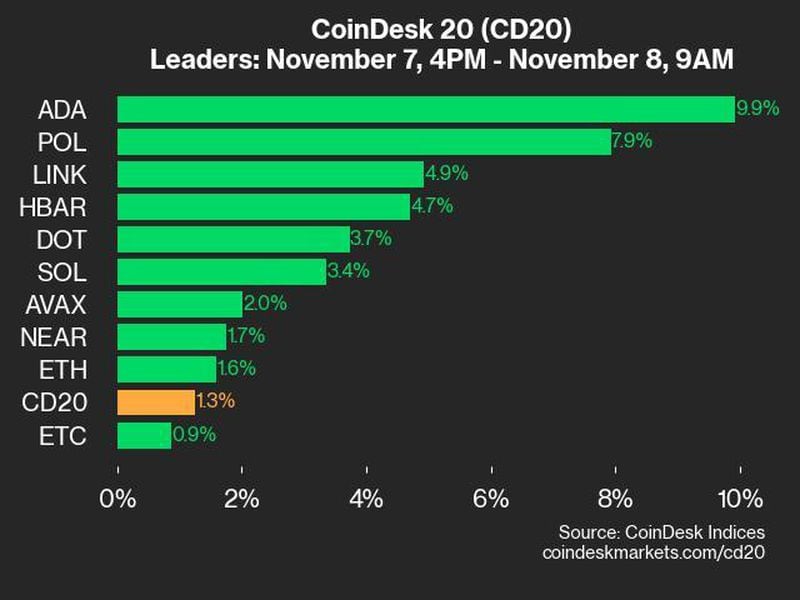 CoinDesk 20 Performance Update: ADA Gains 9.9%, Leading Index Higher from Thursday