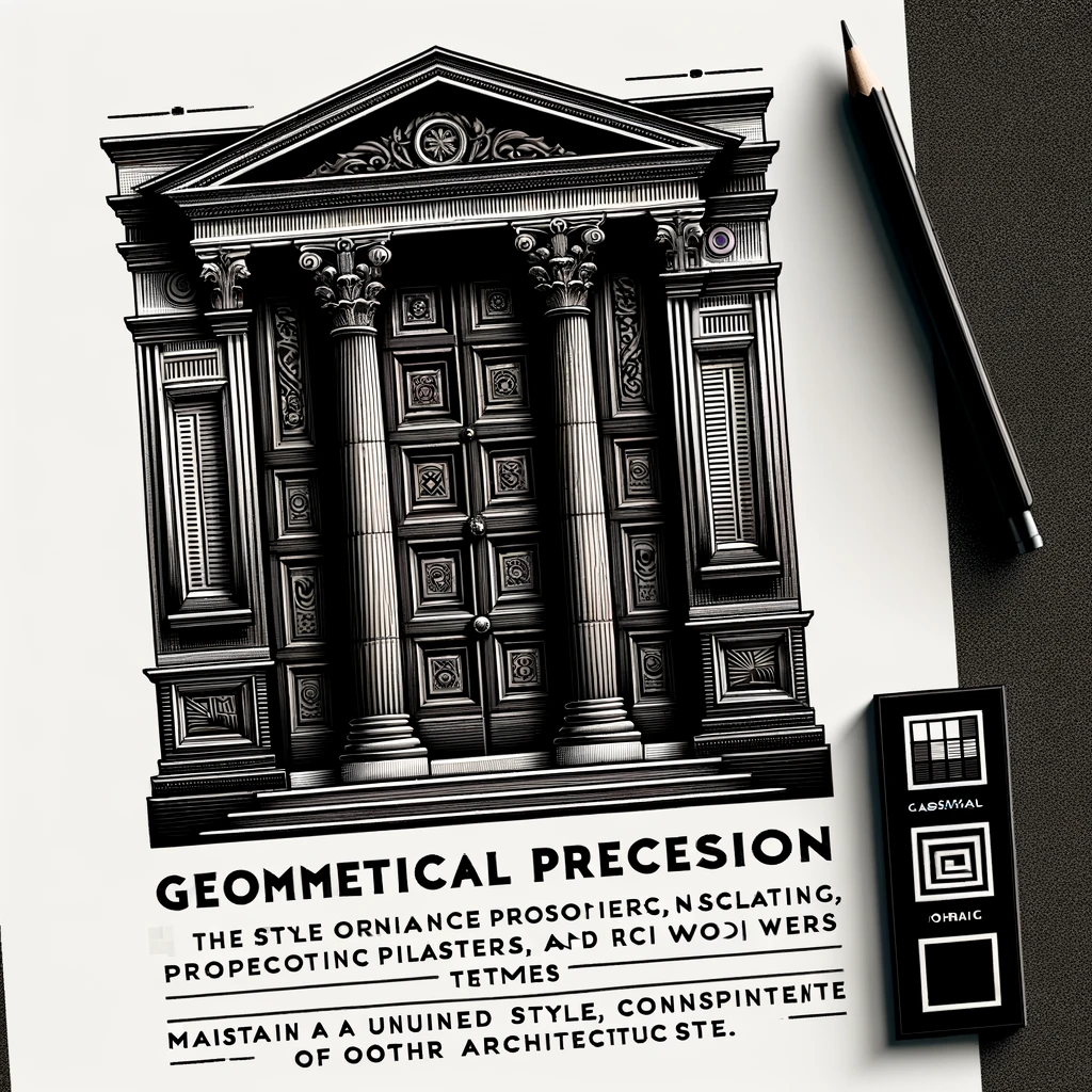 A door designed with geometrical precision in the style of Renaissance architecture incorporating classical proportions harmonious pilasters and ri