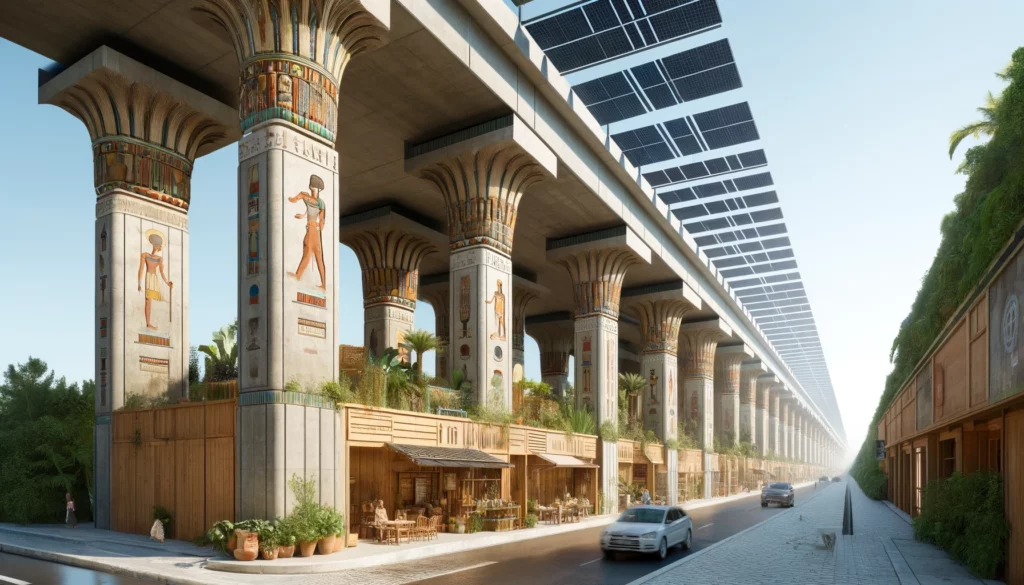 A street elevated above 6 meter high arcades in Egyptian style. The arcades feature Egyptian style columns with palm and papyrus designs and intricat