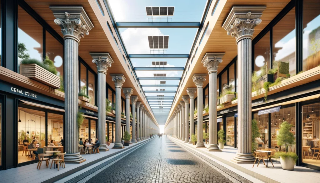 A street elevated above 6 meter high arcades in Roman style. The arcades feature classical Roman arches and columns built with natural and recyclable